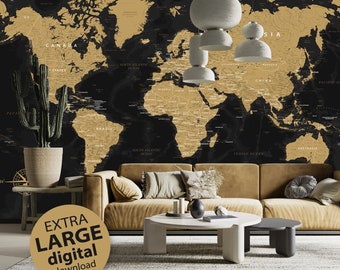 Mapa mundial digital en negro y dorado - Póster grande imprimible de alta resolución, Impresión / Arte mural con mapa detallado