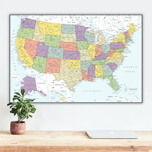 Carte détaillée des États-Unis imprimable - Impression numérique de la carte des États-Unis d'Amérique | Affiche colorée de carte des Etats-Unis | Carte des États-Unis, art mural, carte scolaire des États-Unis
