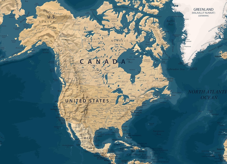 Highly Detailed Printable World Map Poster in Blue & Gold Colors - Download Large wall Art - Digital print, Vintage Political Map