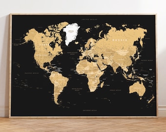 Arte de pared con mapa del mundo en negro y dorado imprimible / Póster digital de mapa del mundo negro grande / Mapa de alta resolución de estilo vintage para póster, papel tapiz e impresiones