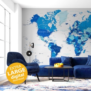 Moderne blauwe wereldkaart grote afdrukbare kaart voor posters, digitale download wanddecoratie | Digitale wereldkaart marineblauwe thuisschoolmuurkunst
