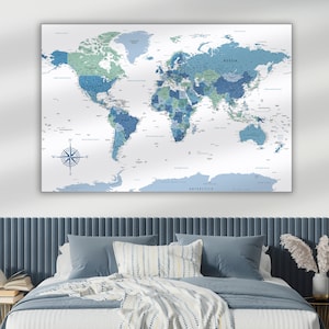 Carte du monde imprimable bleue et verte | Grande carte du monde pour oeuvre d'art murale | Carte Art mural Art pour chambre d'enfant | Carte du monde détaillée impression école à la maison