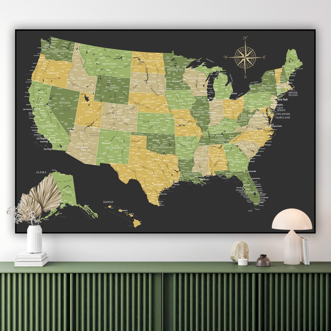 Printable USA Map Detailed Black Green United States Map Styled High Il 1080xN.5937844310 K31c