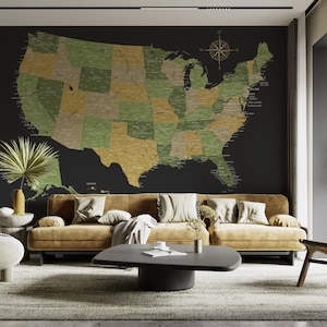 Póster imprimible con mapa de los estados de EE. UU. en negro y verde - Mapa grande de los Estados Unidos - Arte de pared con mapa detallado de EE. UU. / Impresión de mapa de EE. UU., mapa digital de América