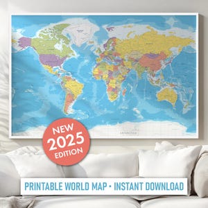 Detailed World Map Printable - Travel, Home & Study Wall Art Decor, Digital Download Map Poster