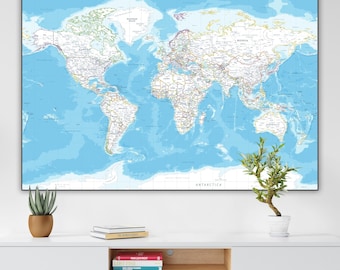 Detailed Map of the World - Printable Map - Large White & Blue Poster, Digital Wall Art Print