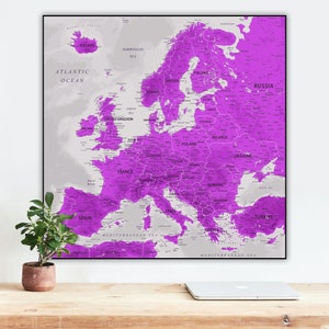 Mapa de Europa morado / Mapa de países europeos para descargar / Mapa de Europa occidental y mapa de Europa oriental / Impresión de arte mural con mapa europeo