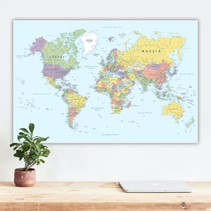 Mapa político grande del mundo para descarga instantánea, perfecto para la decoración de la oficina en casa, póster detallado del mapa del mundo para imprimir, países coloridos