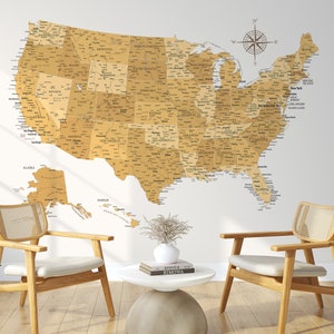 Stylish United States Map - Printable Educational Poster US Map in Gold & Yellow | Detailed High Res USA Map Print Instant Download