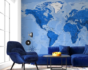 Detailed Political Map of the World | Printable large World Map Poster Blue color with countries | Wall decor Large Digital World Map print