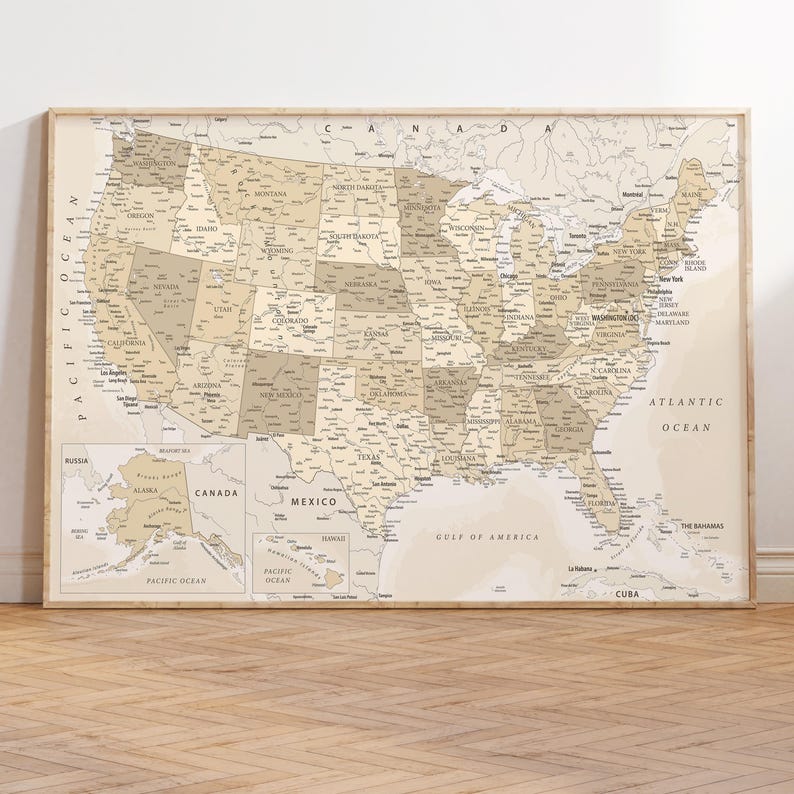 Printable Map of America with States and Major Cities - Pastel Wall Art Map | Vintage USA Map Print, States of America Map Digital Download