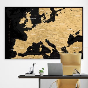 Mapa preto e dourado altamente detalhado da Europa - Download instantâneo do pôster do mapa da Europa | Mapa da Europa para impressão para pôsteres, papéis de parede, impressões