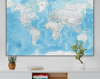 Digital Large World Map - White and Blue World Map - Printable Map Poster | Political World Map with Cities | Home School Wall Art Decor