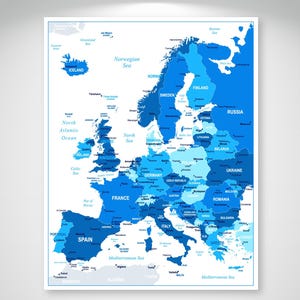 Mapa Político Digital da Europa - Mapa Azul dos Países Europeus para Download | Cartaz para Impressão do Mapa da Europa | Países da Europa | Mapa Europeu