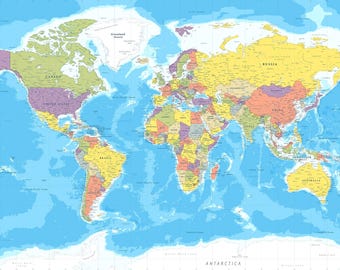 詳細な世界地図を印刷可能 - 旅行、家庭、勉強用の壁アート装飾
