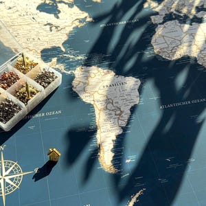 Peut inclure: Une carte du monde bleu foncé avec une rose des vents, une boîte de rangement en plastique transparent remplie de punaises métalliques assorties, et de petits marqueurs dorés en forme d'avion et de maison posés sur la carte.