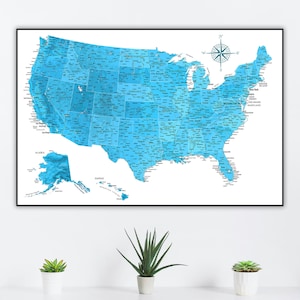 Blue USA Map - Detailed United States Map Digital poster | Educational United States Map Printable | USA Map print | Kids Room Decor America