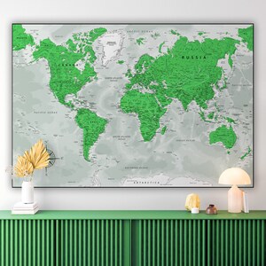 Carte du monde verte et grise - affiche d'art imprimable, téléchargement immédiat pour la maison et le bureau | Carte du monde numérique