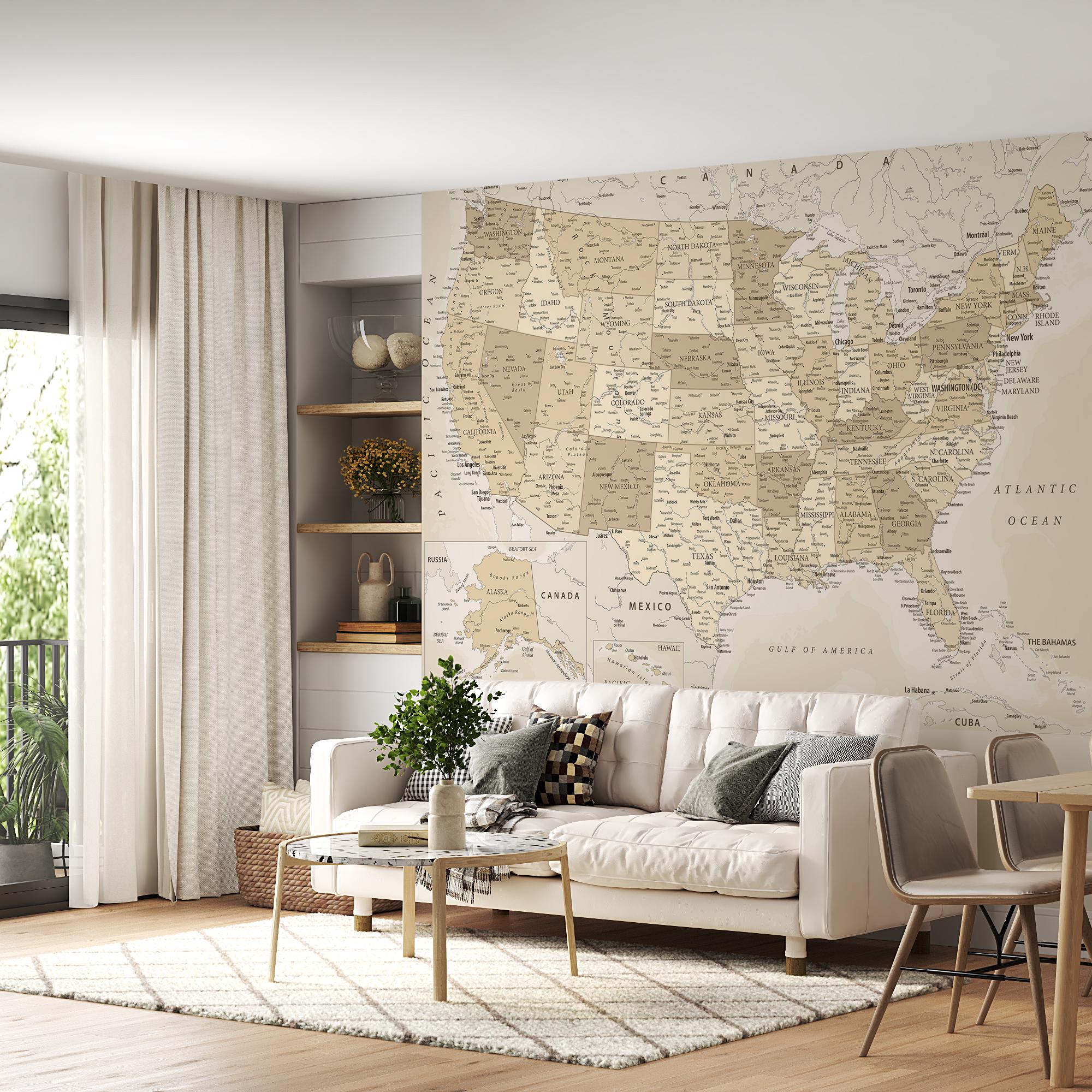 アメリカ地図ウォールアート – 詳細なヴィンテージパステルスタイルの
