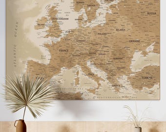 Beige kaartafdruk Europa: vintage stijl muurkunstposter (digitale download)