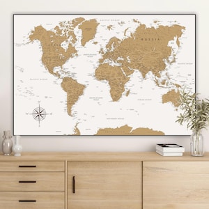Carte du monde numérique très détaillée, marron et beige, grand poster de carte du monde imprimable | Carte détaillée du monde | Télécharger la carte du monde politique