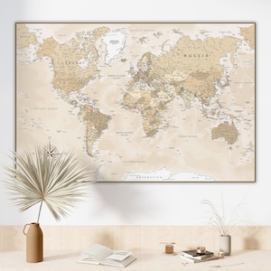 Mappa del mondo digitale dai colori neutri per decorazioni murali, poster, carta da parati, stampe - Mappa del mondo con i paesi - Mappa stampabile beige e marrone