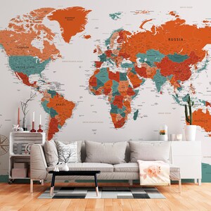 Detaillierte Weltkarte Terrakotta Druck, Digitale Weltkarte Poster, Download Weltkarte mit Ländern, Map of the World home Wohnheim Wandkunst Boho