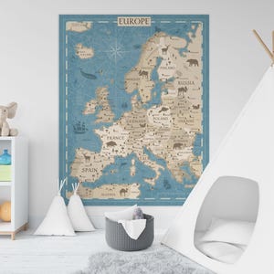 Europa Karte Blauer Druck, druckbare Vintage Karte Poster, großes Klassenzimmer Karte, Kinder Boho Kunst, Hausschule Wanddekoration, Kinderzimmer Karte