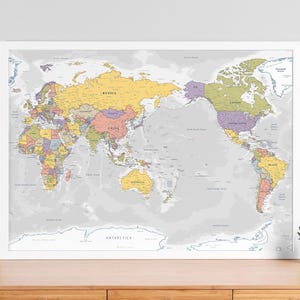 Asia-Centered World Map in Neutral Pastel Colors – Vintage Pacific Political Map (Digital Download)