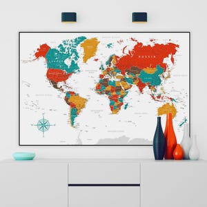 Weltkarte Poster zum Downloaden - Detaillierte farbige Landkarte, Wanddeko, Wanddeko, Kinderzimmerdeko, Kinderzeichnung