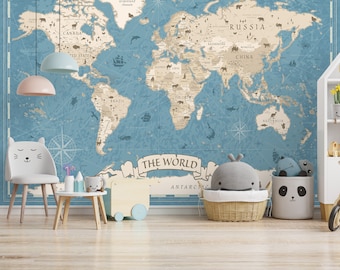 World Map for Kids Printable - Neutral Pastel Map Poster, Blue Map Print for Classroom Decor, Nursery Wall Art, Kids Room Educational Poster