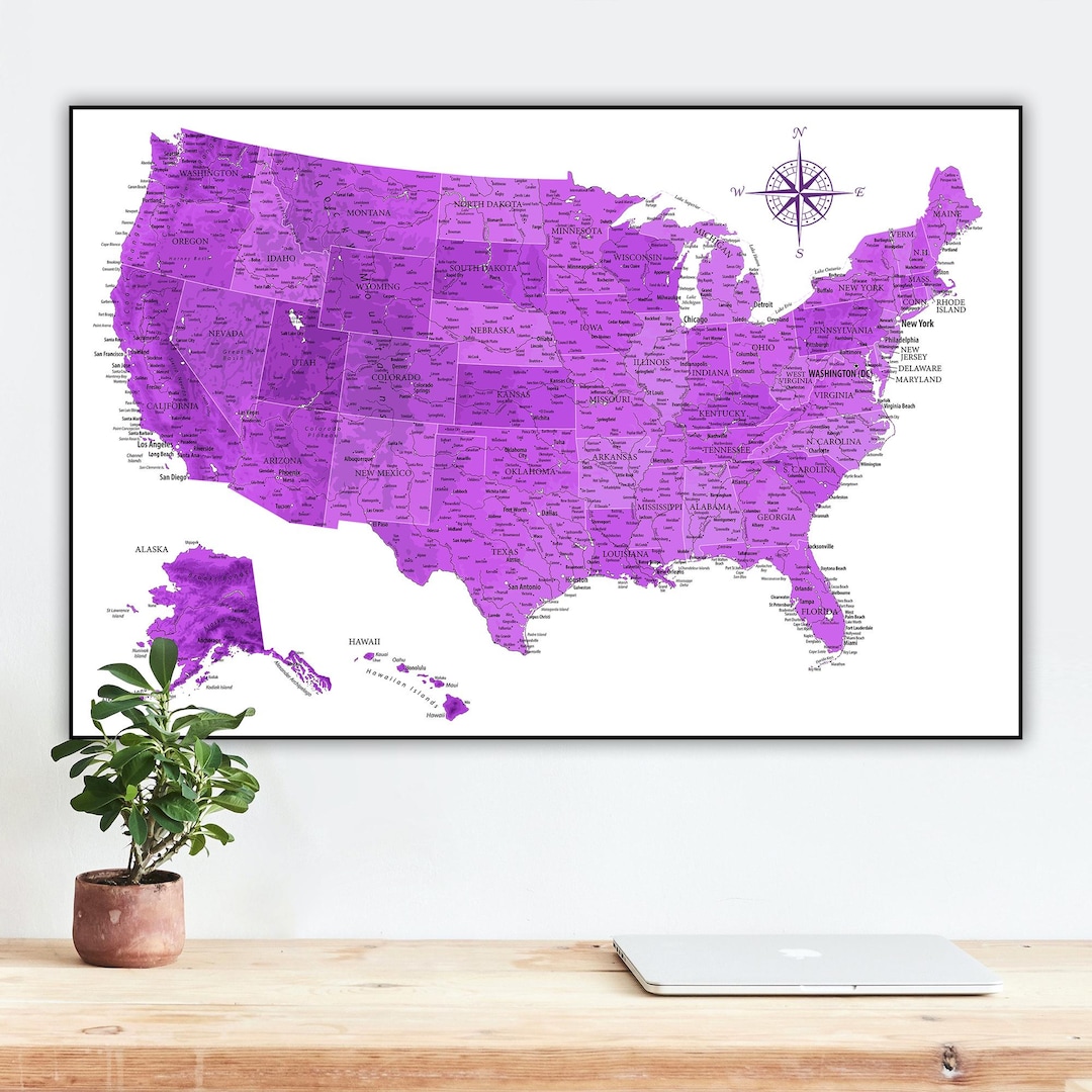 Purple USA Map Large Print - Amethyst Topographic United States Poster ...