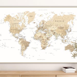 Carte du monde beige neutre – Affiche murale XL détaillée de style minimaliste (Téléchargement numérique)