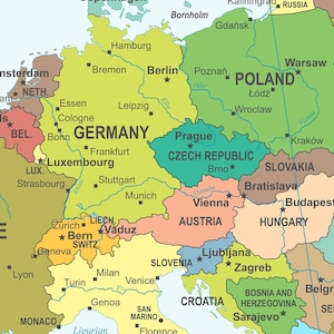 Digitale Politische Landkarte Europa | Karte der europäischen Länder | Europa Karte druckbares Poster | Länder Europas, Europakarte Print