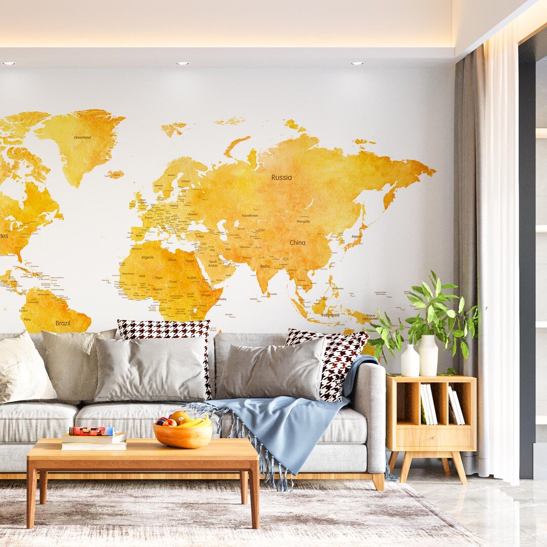 Watercolor World Map Print - Orange & Yellow Travel Art (digital ...