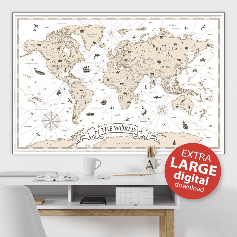 Kids World Map Printable Poster – Beige Nursery Wall Art With Animals ...