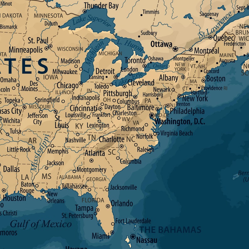 Highly detailed printable World Map poster in Blue, Gold colors, Downloadable large wall Map, Digital print World Map, Vintage Political Map