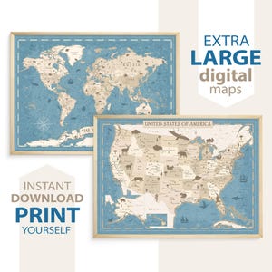 World & USA Map Printable Set – Neutral Wall Art, Large Digital Maps for Office or Home, Minimalist Modern Decor, Instant Download, Set of 2