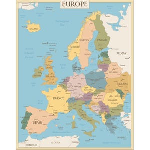 Mapa bohemio de Europa (descarga digital): mapa azul vintage de Europa, póster imprimible, países de Europa, impresión de mapa europeo (jpg y pdf)