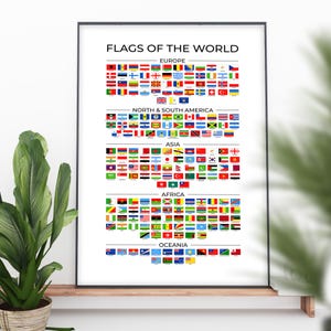 May include: A framed poster titled "Flags of the World" displays numerous national flags categorized by continent. The flags are arranged in rows, showcasing a variety of colors and designs, including stripes, stars, and emblems. The poster is set against a white background.
