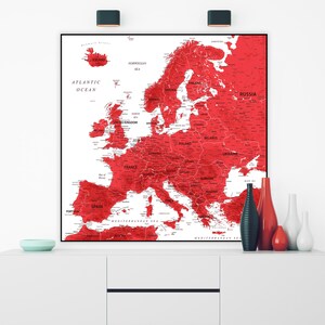 Mapa de Europa imprimible - Mapa político y geográfico de los países europeos - Mapa rojo detallado de descarga instantánea / Mapa de Europa occidental y oriental