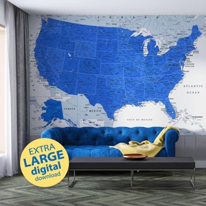 Digitale Landkarte der USA - Blau Graue Landkarte von Amerika, Landkarte der USA Topographisch, detaillierte Landkarte der USA, druckbare Wandkunst für Zuhause, Klassenzimmer