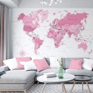Rosa Weltkarte Poster - Hoch detaillierte Wandkunst für Mädchenzimmer, Reisegeschenk | Elegante Weltkarte für Kinderzimmer, Wand Kunst zum Ausdrucken