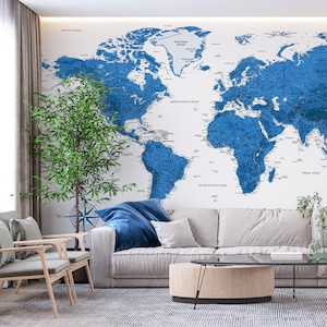 Impression élégante carte du monde bleu et blanc - Carte artistique imprimable haute résolution pour posters, papiers peints, impressions, décoration | Poster carte du monde à téléchargement numérique