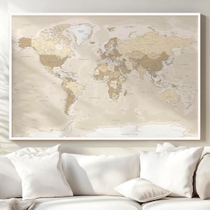 Mapa mundial neutro imprimible en formato póster grande: mapa beige muy detallado con países y ciudades, impresión de mapa vintage en sepia (descarga digital).