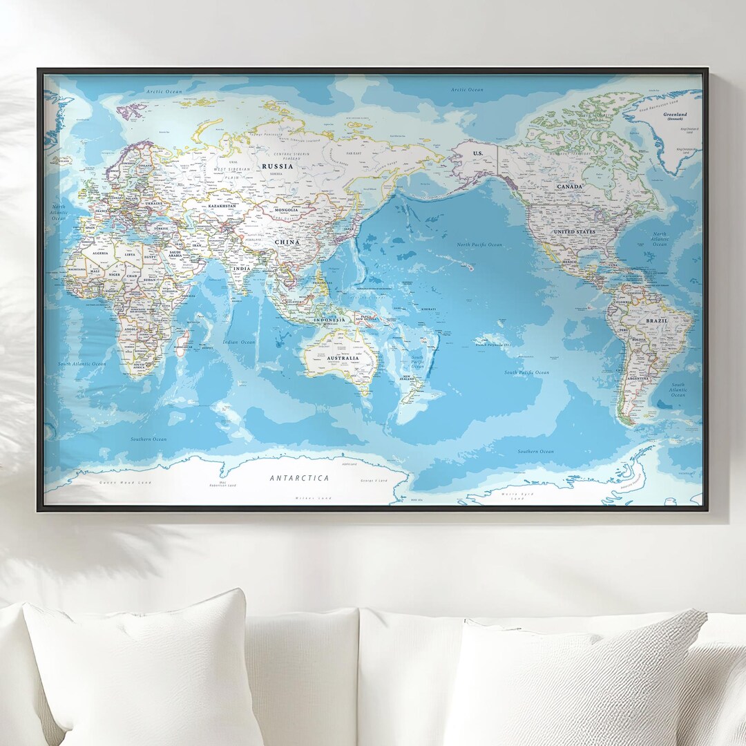 Pacific Map Draw Detailed Pacific-centered Map - Printable Digital Art - Vintage Home ...