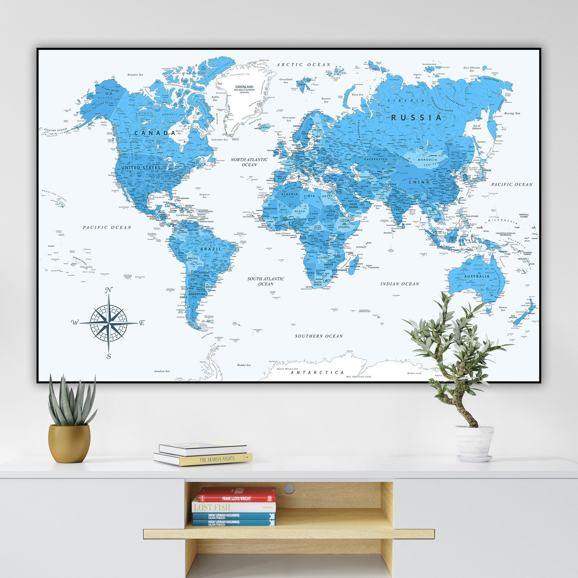 Blue World Map Printable - Instant Download High-resolution Digital Map ...