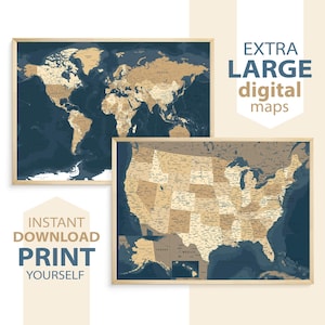 Lot de 2 cartes - carte du monde et des États-Unis en bleu beige, cartes imprimables détaillées, grandes cartes murales téléchargeables, carte du monde et des États-Unis en impression numérique