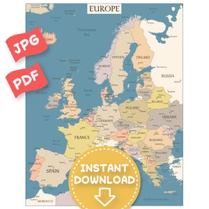 Mapa bohemio de Europa (descarga digital): mapa azul vintage de Europa, póster imprimible, países de Europa, impresión de mapa europeo (jpg y pdf)