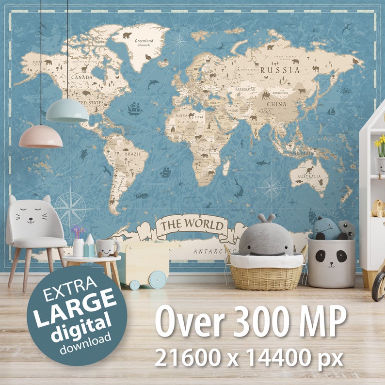 Boho Kids World Map Blue Printable Poster Large Educational Classroom ...